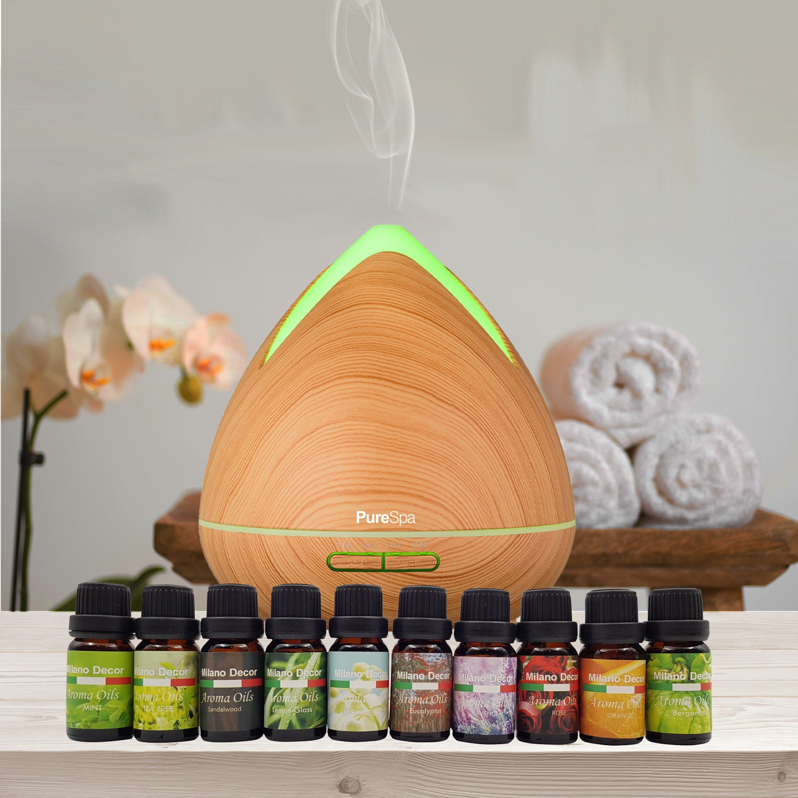 Purespa Diffuser Set With 10 Pack Oils Humidifier Aromatherapy Light Wood - AULASH