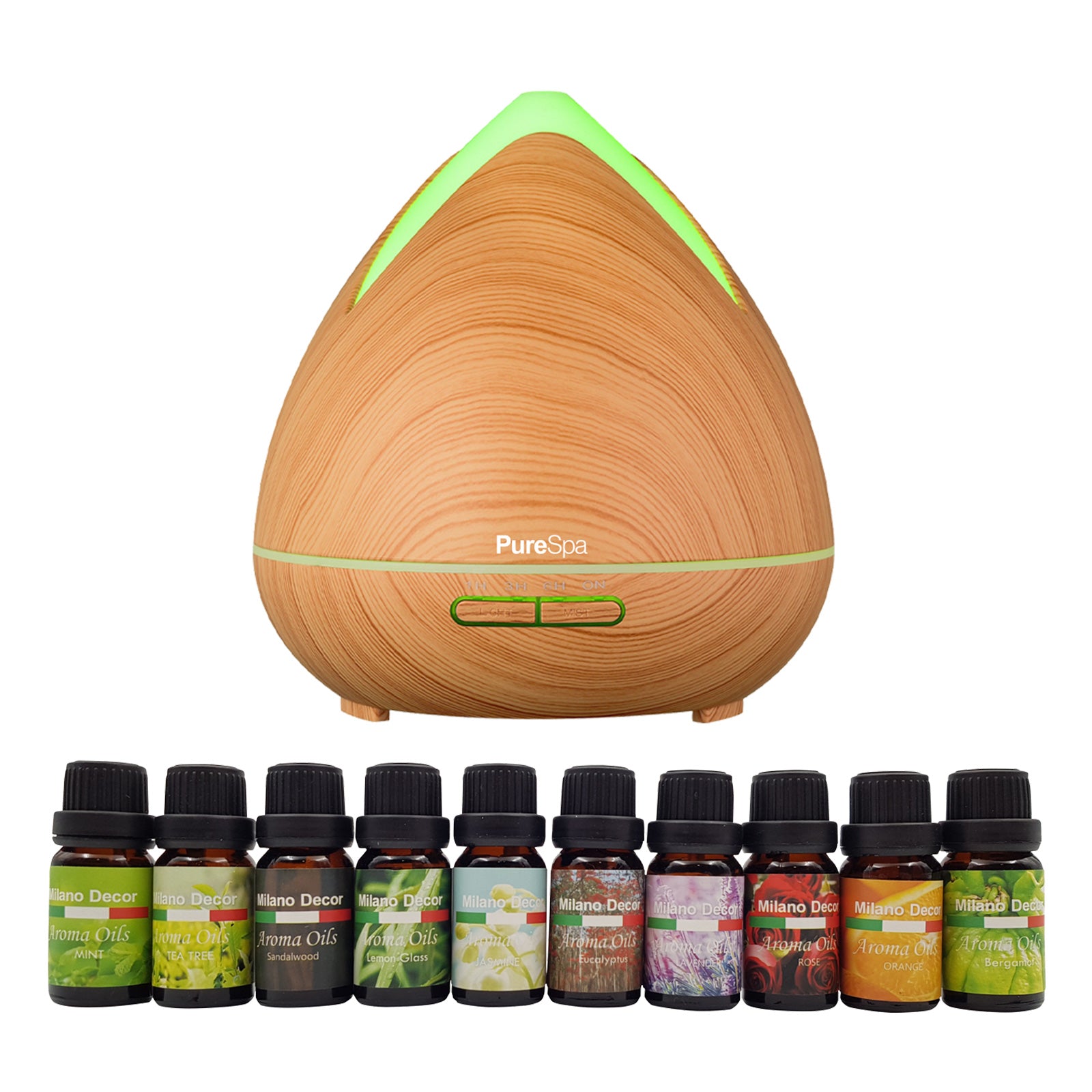 Purespa Diffuser Set With 10 Pack Oils Humidifier Aromatherapy Light Wood - AULASH