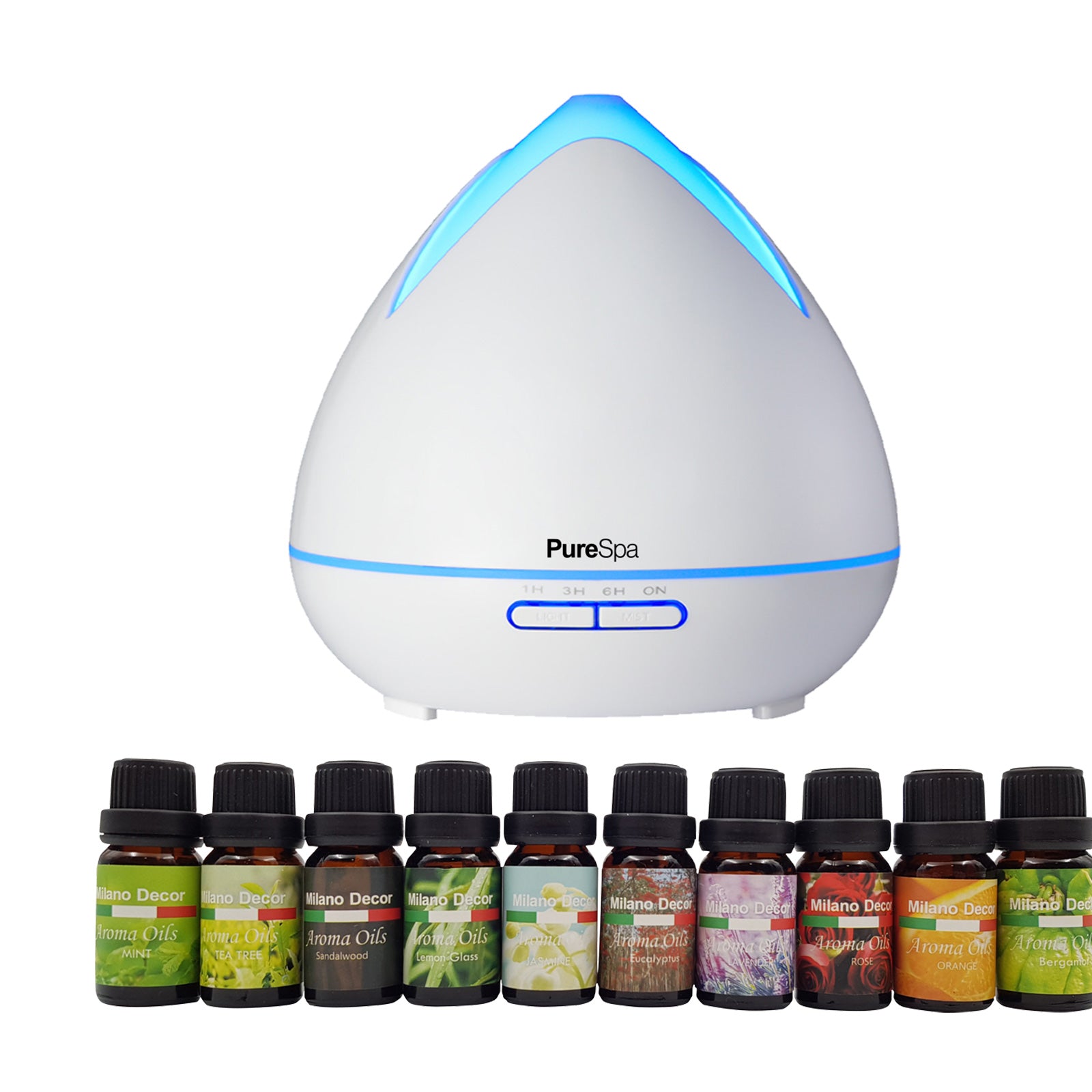Purespa Diffuser Set With 10 Pack Oils Humidifier Aromatherapy White - AULASH
