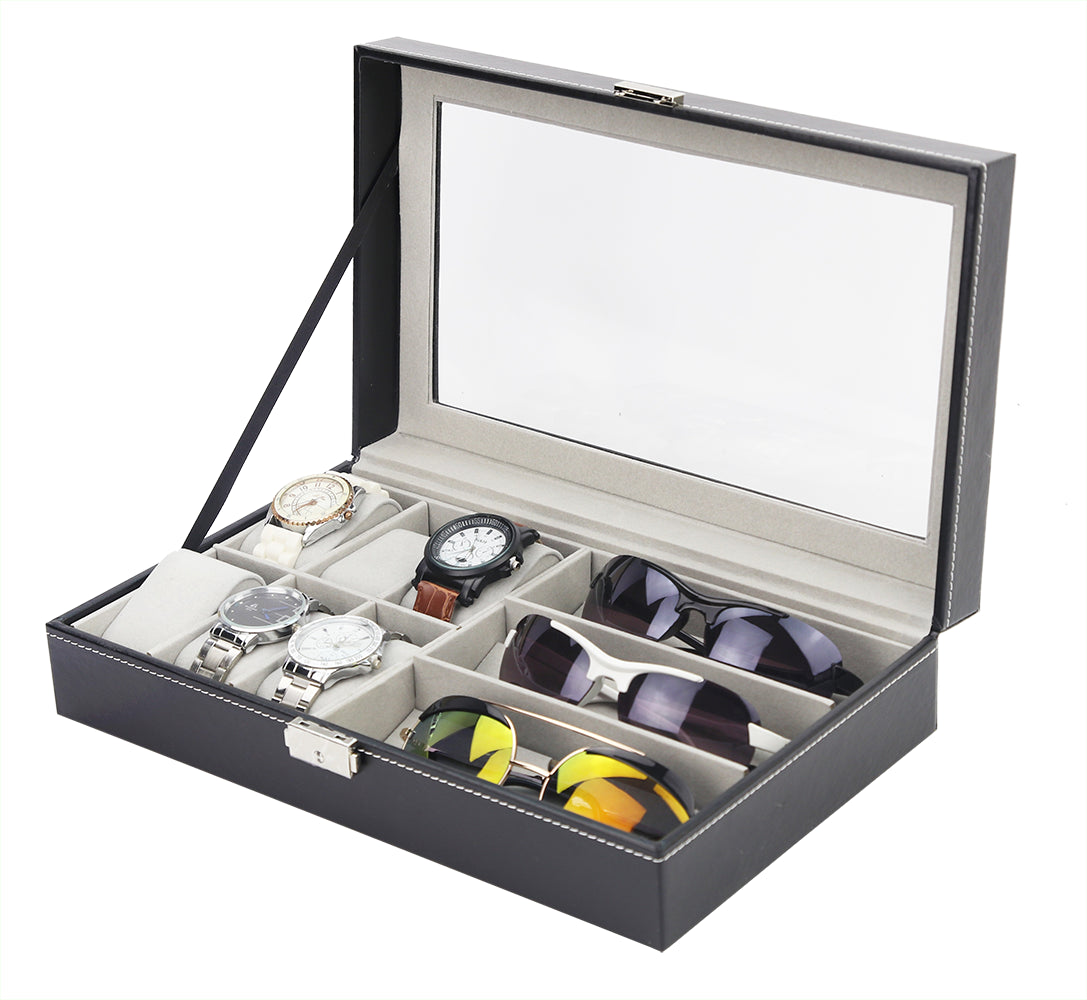 6+3 Grid Watch Sunglass Eyeglasses Display Box Case Storage Organizer PU Leather - AULASH