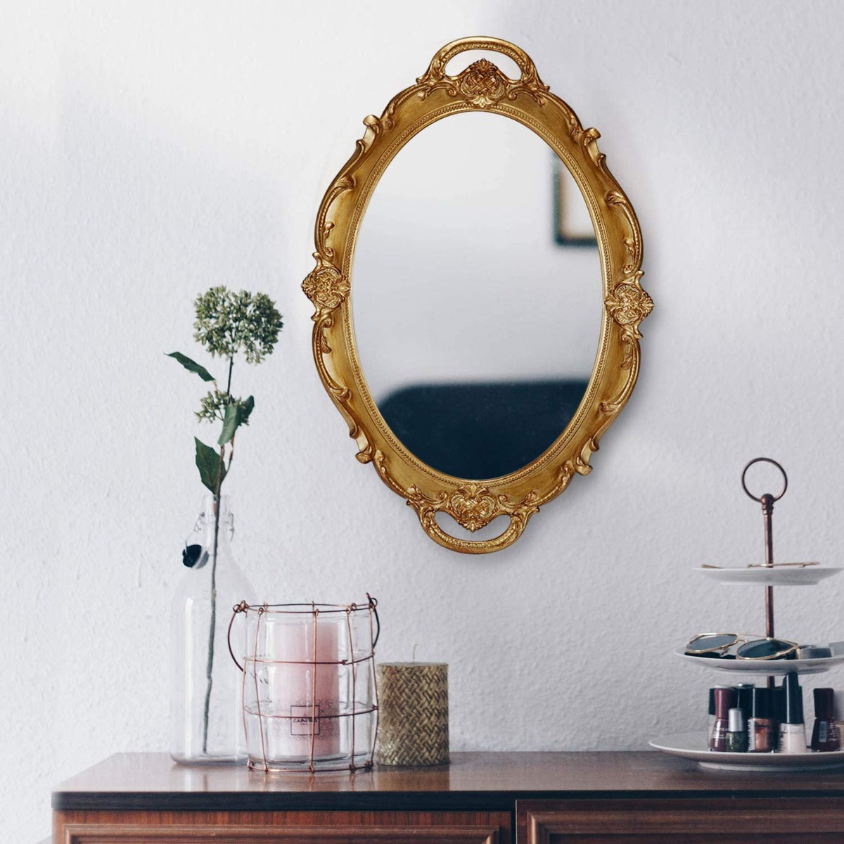 Oval Antique Gold 25 x 38 cm Vintage Carved Hanging Wall Mirror for Bedroom and Living-Room - AULASH